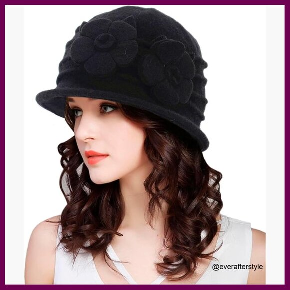 Vintage Wool Felt Cloche Fedora Derby Hat with Bow Adjustable Size
